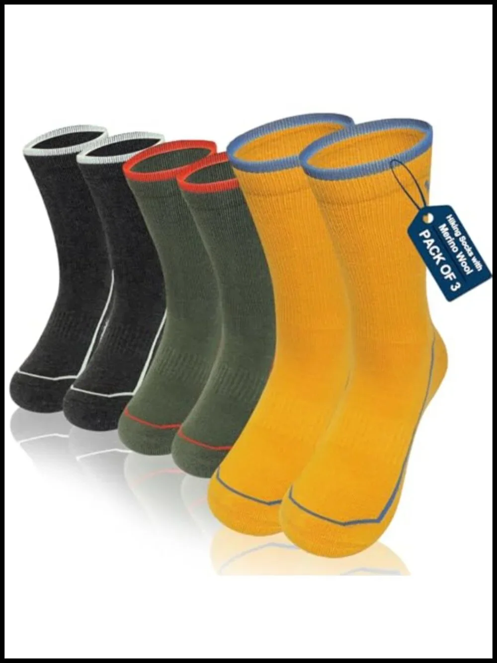 Merino Wool Hiking Socks for Men, 3-Pair Cushioned Crew with Arch Support